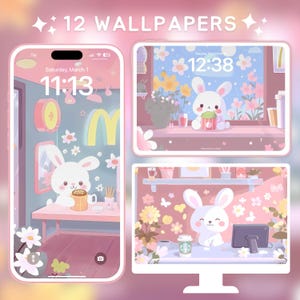 May include: A set of 12 digital phone wallpapers featuring a cute cartoon bunny holding a cup of coffee in front of a pink and yellow floral background. The wallpapers feature different times on the phone screen, including 11:13 and 12:38.