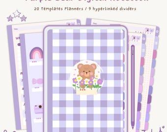 Lot de cahiers numériques Ours violet, modèles et intercalaires avec lien hypertexte, adorable agenda à motifs floraux | Agenda numérique pour la prise de notes