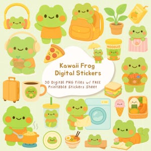 Kawaii Frog Digital Stickers | Cute Frog PNG Clipart Pack | Printable Frog Planner Stickers for Goodnotes, Journaling & Scrapbooking