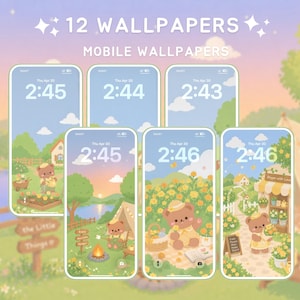 May include: A set of 12 mobile wallpapers showcasing adorable bear illustrations in outdoor settings. Each wallpaper presents a unique scene with a bear, such as gardening, camping, and a flower shop. The time 2:45, 2:44, 2:43, and 2:46 is displayed on each phone.