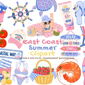 Puede incluir: Una colección de ilustraciones digitales con temática veraniega que incluye un cubo rosa con herramientas, un timón de barco, una tortuga marina, protector solar, chanclas, una cámara, una gorra, tomates, una silla de playa, letreros, un bikini, una cesta de fresas, un camarón y una botella de refresco.