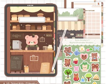 Kawaii Bear digitaal notitieboek gezellige esthetische planner met hyperlinks en gratis stickers GoodNotes iPad-dagboek schattige digitale planner