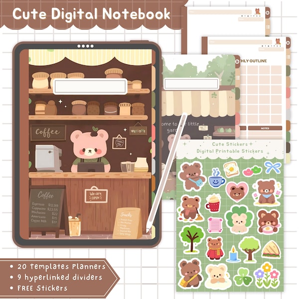 Kawaii Bear Digital Notebook Cozy Aesthetic Planner with Hyperlinked Dividers & Free Stickers GoodNotes  iPad Journal Cute Digital Planner