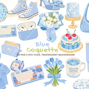 Blue Clipart Bundle, Coquette Clipart, Blue Aesthetic, Kawaii Clipart, Soft Girl Clipart, Blue PNG SVG, Cricut SVG, Commercial Use Bundle