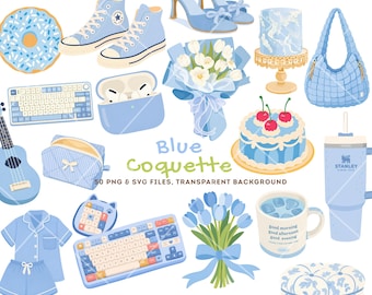 Blue Clipart Bundle, Coquette Clipart, Blue Aesthetic, Kawaii Clipart, Soft Girl Clipart, Blue PNG SVG, Cricut SVG, Commercial Use Bundle