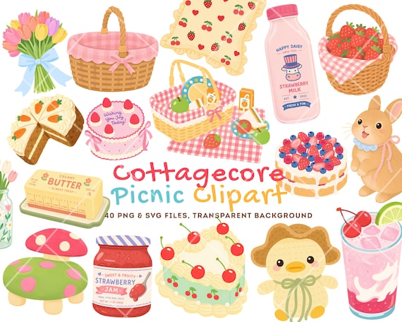 Cottagecore Clipart Bundle PNG SVG, Picnic Clipart, Kawaii Clipart, Summer Clipart, Cute Food PNG, Pastel Clipart, Printable png, Cricut
