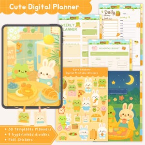 May include: A digital planner with a cute, cartoonish design. The planner includes daily, weekly, and monthly templates, along with stickers and dividers. The image features illustrations of bunnies and frogs, with text that reads "Cute Digital Planner."