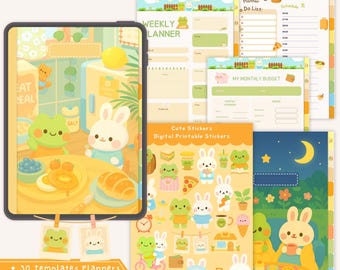 Kawaii digitale planner: stickers konijn en kikker, hyperlink (goodnotes, pdf-download)