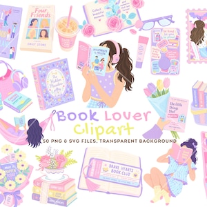 Book Lover Clipart Bundle PNG svg, Reading Girl PNG, Book Clipart Bundle, Library Clipart, Cozy Reader PNG, Kawaii Clipart, BookTok png