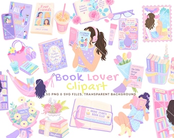 Book Lover Clipart Bundle PNG svg, Reading Girl PNG, Book Clipart Bundle, Library Clipart, Cozy Reader PNG, Kawaii Clipart, BookTok png