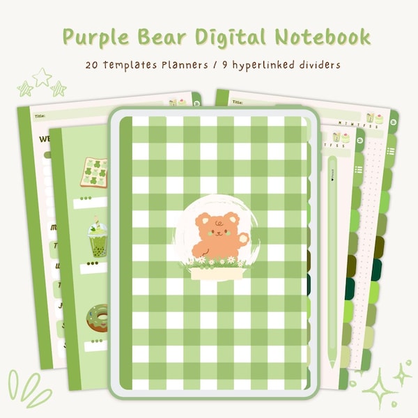 Green Bear Digital Notebook: 20 Templates, Hyperlinked Dividers (A4, GoodNotes/iPad)