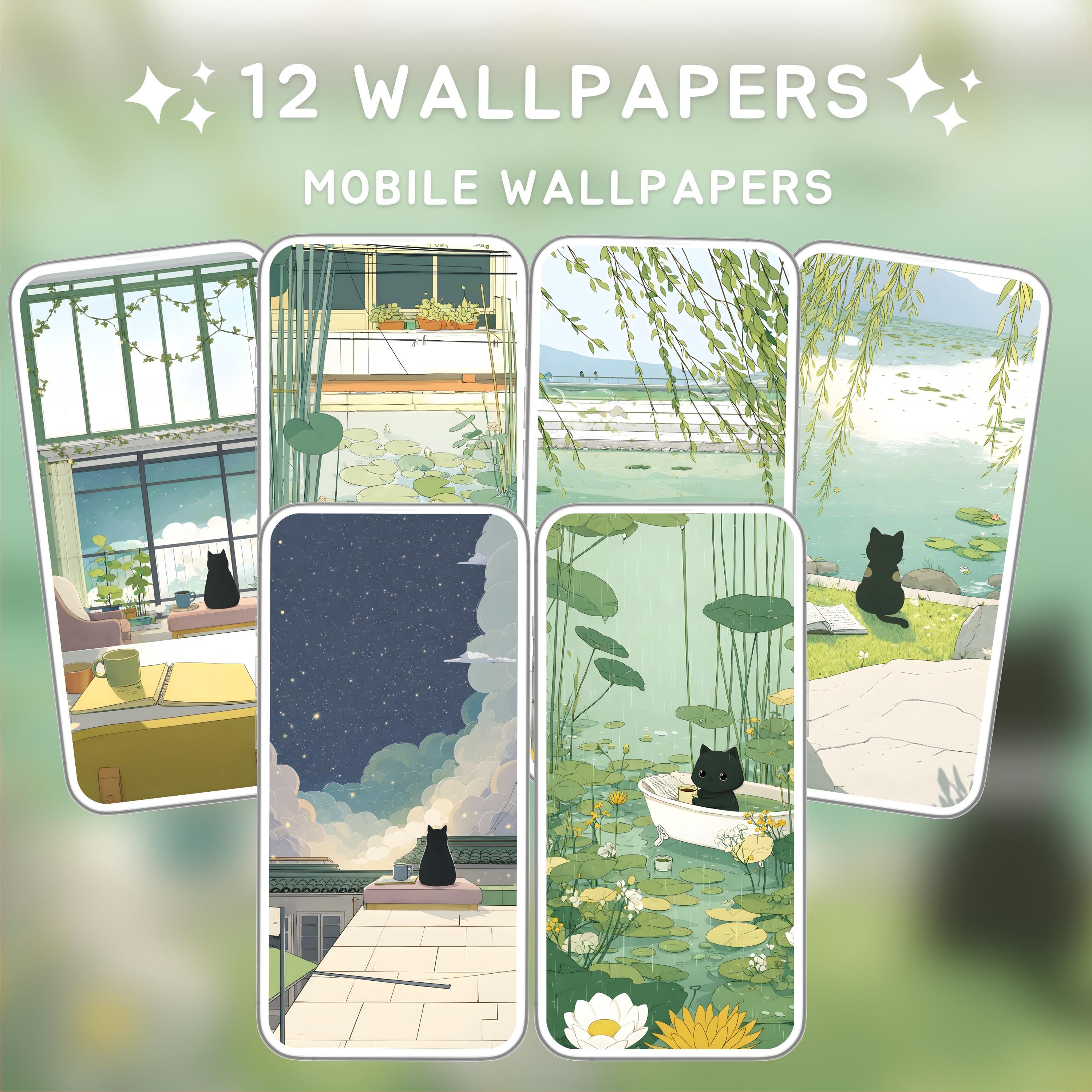 Cozy Black Cat Wallpaper Set | Green Aesthetic Cottagecore Art | Kawaii ...
