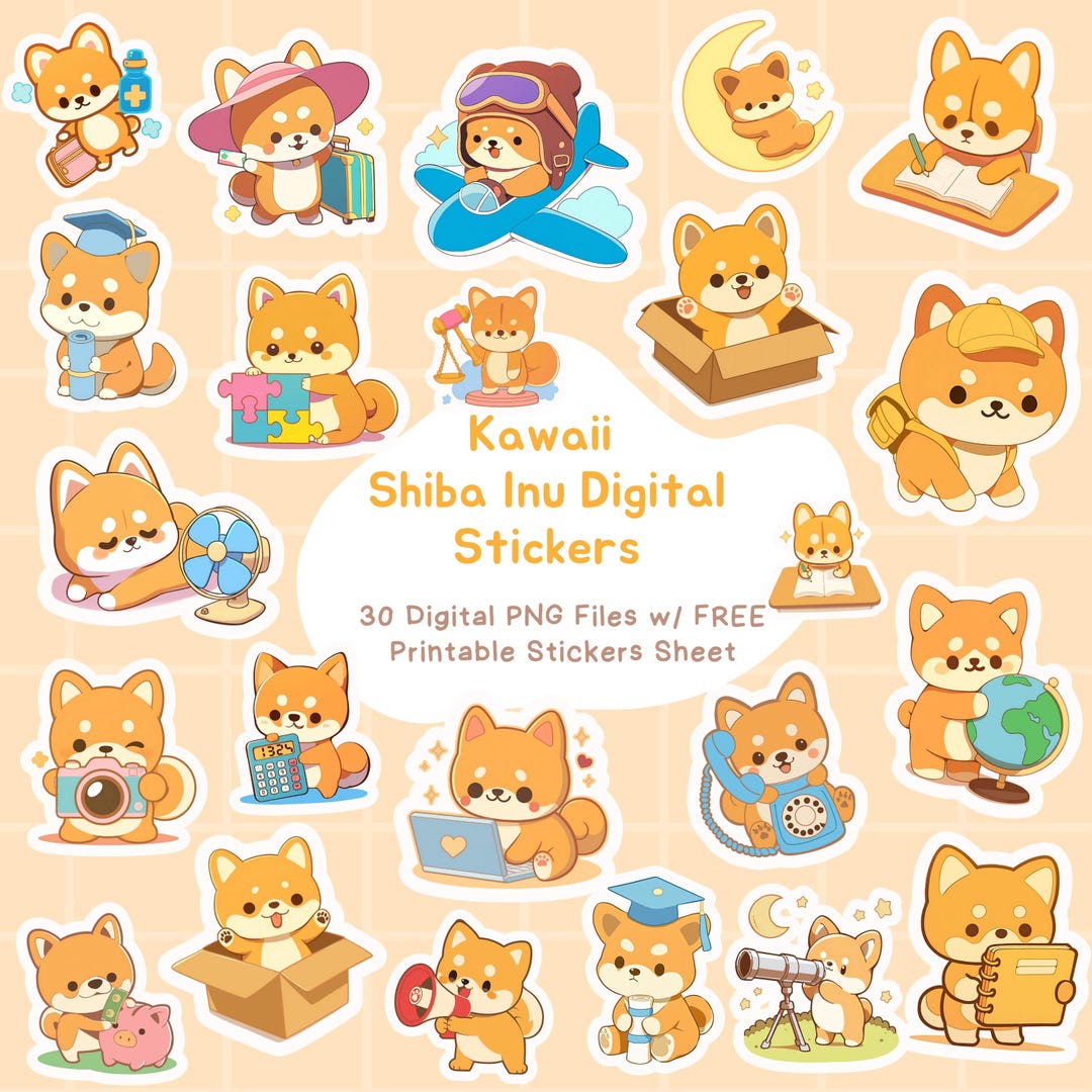 Kawaii Shiba Inu Digital Stickers Cute Dog Planner Stickers, PNG Files ...