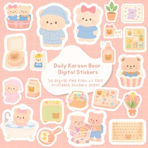 Täglicher koreanischer Bär Digital Stickers Pack, PNG, druckbares Aufkleberblatt, Kawaii Cute Bear Planer & Journals Aufkleber für GoodNotes Notability