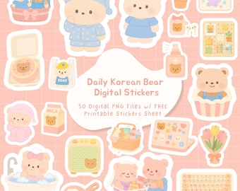 Kawaii Korean Bear Stickers: GoodNotes Planner, Printable PNG (Digital Download)