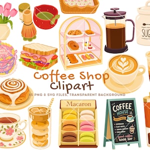 Puede incluir: Una colección de ilustraciones con temática de cafetería que incluye un pastel de cumpleaños, sándwich, pasteles en vitrina, prensa francesa, azucarero, café con leche, café helado, rollo de canela, taza de té, macarons y un letrero.
