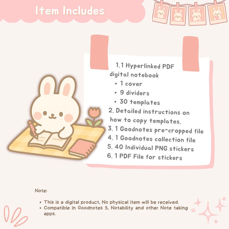 Boost your organization with this productivity planner designed for style and function. This hyperlinked planner is an interactive digital planner with clickable tabs for easy navigation. Decorate your pages with matching digital planner stickers for a fun touch. Styled as an aesthetic planner with adorable details, it doubles as a cute bunny planner—perfect for iPad, tablet, or desktop users who love charming and functional planning tools.