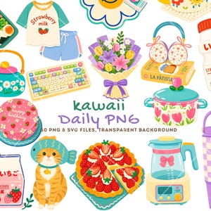 以下が含まれることがあります： 様々なアイテムが描かれた、かわいいスタイルのイラストのコレクション。イチゴ柄のシャツとショートパンツ、ケーキ、魚の帽子をかぶった猫、キーボード、花のブーケ、イチゴのタルトが含まれています。「kawaii Daily PNG」というテキストも表示されています。