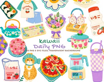 Kawaii Daily Life Clipart Bundle PNG SVG, Cute Cottagecore Clipart, Strawberry Aesthetic Graphics, Planner Stickers Commercial Use PNG svg