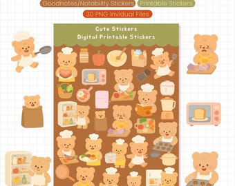 Kawaii Cooking Bear Stickers Digital Stickers PNG Files for Goodnotes, Notability, and Printable Planner Use Cute Kitchen & Food Stickers