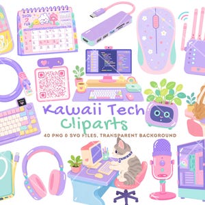 May include: A collection of digital illustrations featuring pastel-colored tech accessories including a calendar, computer mouse, router, keyboard, headphones, microphone, gaming PC, and a cat at a desk with the text Kawaii Tech Cliparts 40 PNG & SVG FILES.