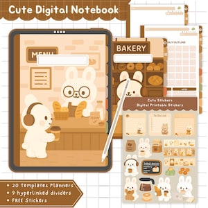 Puede incluir: Un cuaderno digital con temática de panadería, con ilustraciones de conejos. El cuaderno incluye plantillas, divisores y pegatinas. La imagen también muestra una tableta con un lápiz óptico y el texto "Cute Digital Notebook".