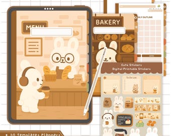 May include: A digital notebook with a bakery theme, featuring bunny illustrations. The notebook includes templates, dividers, and stickers. The image also shows a tablet with a stylus, and text that reads "Cute Digital Notebook".