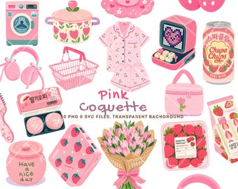 Pink Coquette Clipart Bundle PNG SVG, Strawberry Aesthetic Clipart, Kawaii Korean Graphics, Cute Planner Stickers Set Commercial Use PNG