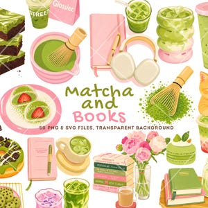 Matcha Clipart Bundle, Book Lover Clipart, Kawaii Clipart, Matcha PNG, Matcha SVG, Bookish Clipart Reading Clipart Cricut SVG Commercial Use
