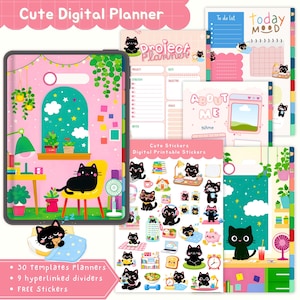 以下が含まれることがあります： ピンクをテーマにしたデジタルプランナーで、黒猫のイラストが特徴です。テンプレート、ディバイダー、ステッカーが含まれています。プランナーは「Cute Digital Planner」というテキストのかわいいデザインです。