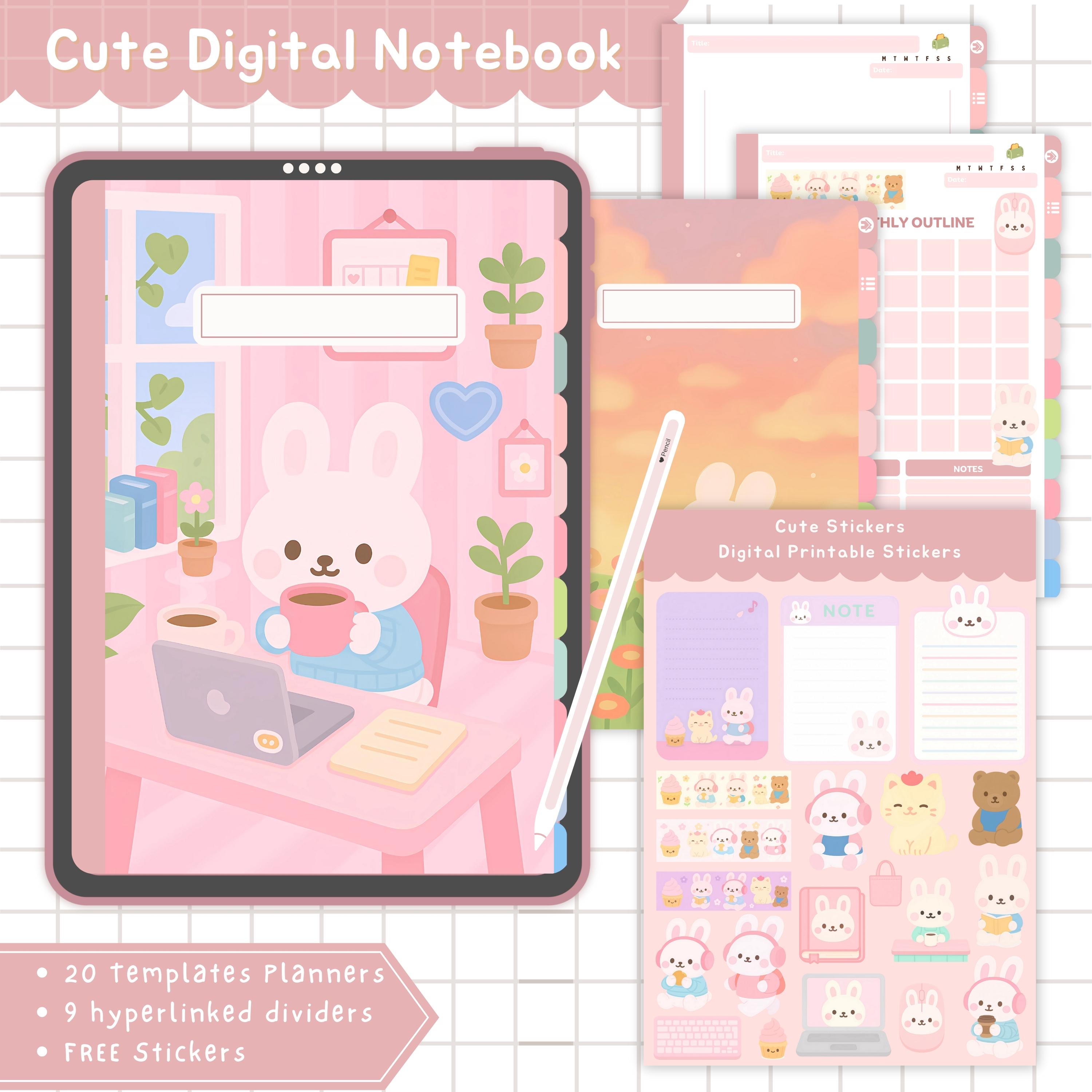 Kawaii Bunny Digital Notebook for iPad Hyperlinked Goodnotes Planner With Cute Stickers Digital ...