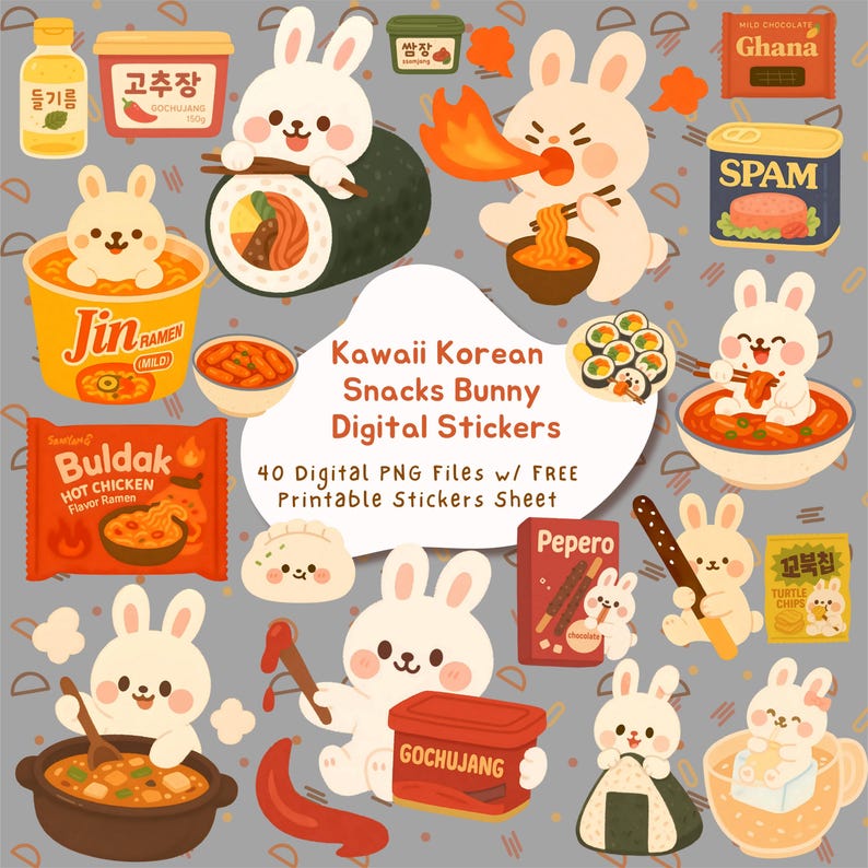 Kawaii Korean Snacks Bunny Digital Stickers Cute Food Clipart Stickers for Goodnotes Notability iPad Planner, Printable PNG Digital Stickers image 3