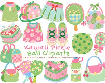 Pickleball Clipart Bundle PNG SVG, Kawaii Pickleball, Girly Pickleball, Pastel Clipart, Cute Sports Clipart Cricut Pickleball Pickleball PNG