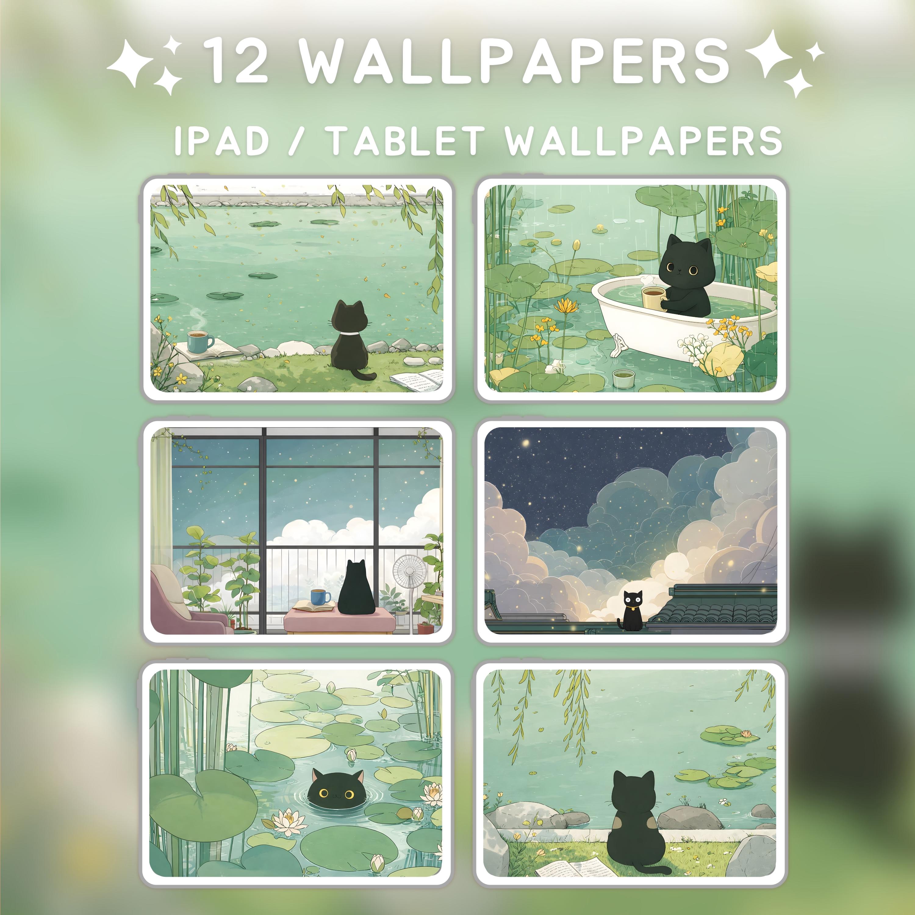 Cozy Black Cat Wallpaper Set | Green Aesthetic Cottagecore Art | Kawaii ...