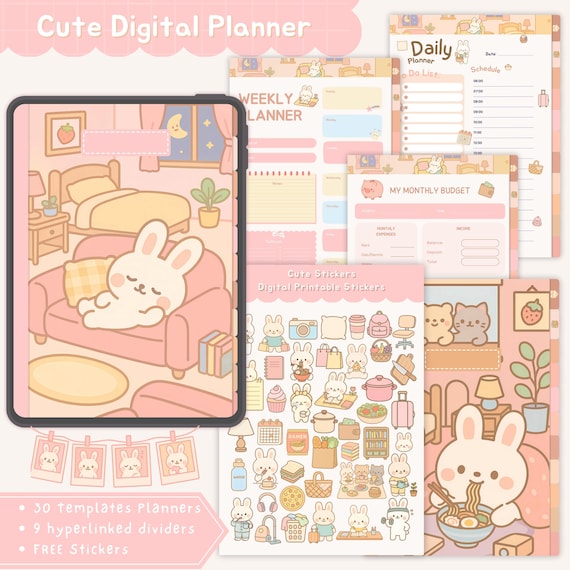 Kawaii Digital Pink Planner with Hyperlinked Dividers and Free Digital Stickers Cute Bunny GoodNotes Planner Pastel Digital Journal for iPad