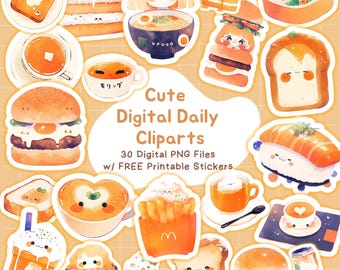 Imágenes prediseñadas de comida y bebida kawaii: pegatinas japonesas, gráficos para agendas (archivos PNG, pegatinas imprimibles)