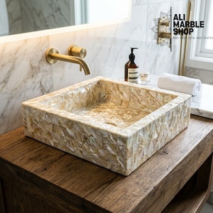 Square Mother of Pearl Vessel Sink | Warm Shell Mosaic Bathroom Washbasin