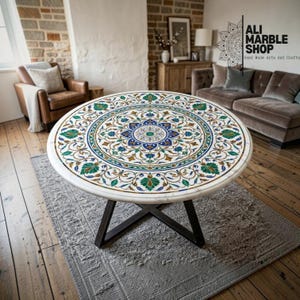 Dessus de table en marbre | Incrustation florale artisanale bleue et verte | Meubles de salon ronds
