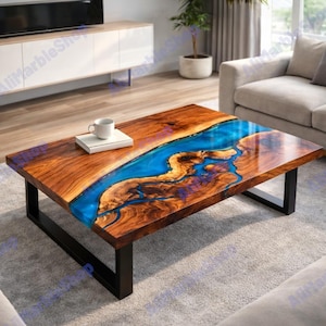 Glowing Blue Resin River Table - Natural Edge Wood Coffee Table with Ocean Waves