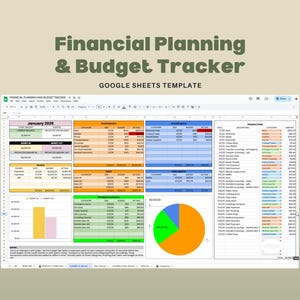 Puede incluir: Una plantilla digital de planificación financiera y seguimiento del presupuesto para Google Sheets. La hoja de cálculo muestra datos en tablas y gráficos coloridos, incluido un gráfico circular. El texto de la imagen dice "Financial Planning & Budget Tracker" y "Google Sheets Template."