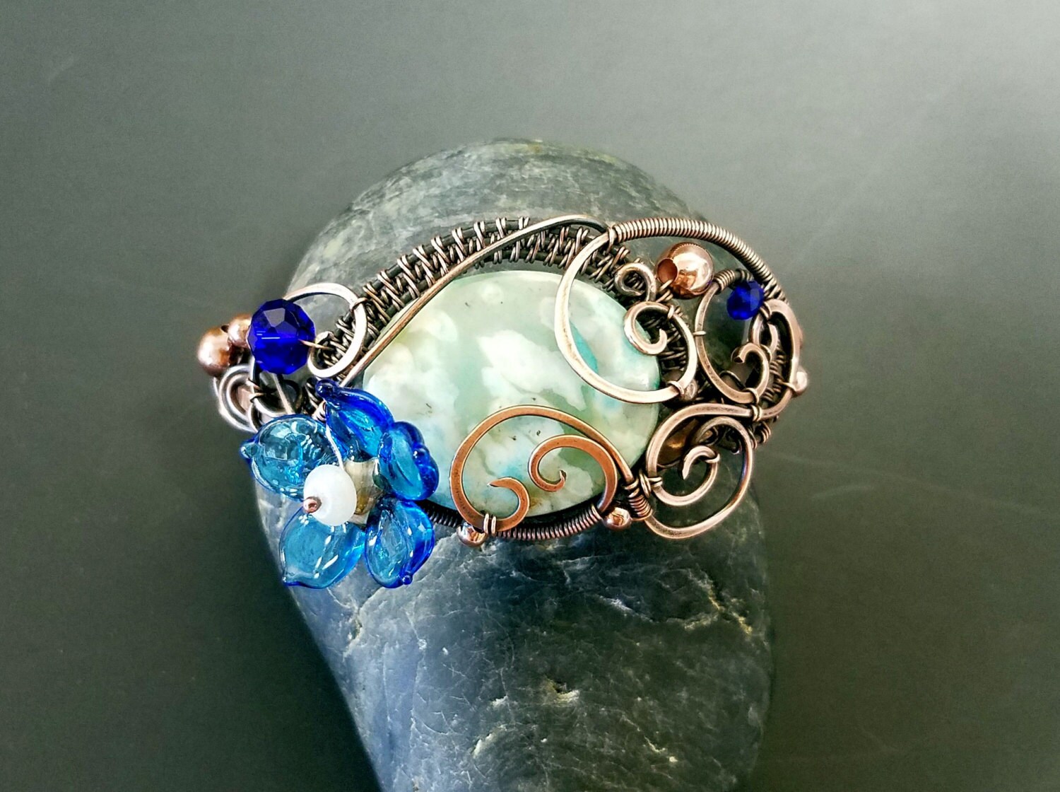 Blue Blossom Bliss Copper and Crystal Bracelet Free Form Wire - Etsy