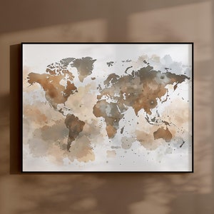 Vintage Aquarell Weltkarte, druckbare Wandkunst, digitaler Download, hohe Auflösung, Sofort-Download, Weltkarte Wandkunst, Reise-Dekor-Kunst