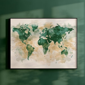 Vintage aquarel wereldkaart, afdrukbare muurkunst, digitale download, hoge resolutie, instant download, wereldkaart kunst aan de muur, reisdecorkunst