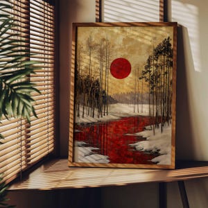 Winter Landschaft Kunst | Rot, Gold & Weiß bedruckbar | Gustav Klimt-inspirierter Zauberwald Gemälde Vintage Wandkunst Weihnachtstapete