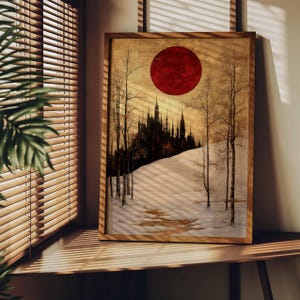 Winter Landschaft Kunst | Rot, Gold & Weiß bedruckbar | Gustav Klimt-inspirierter Zauberwald Gemälde Vintage Wandkunst Weihnachtstapete