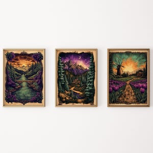 Vintage Landscape Art Prints: Rustic Mountain Cabin, Tulip Field (Digital Download)