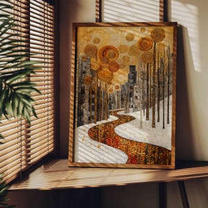 Gustav Klimt Winter Landschaft Kunst Gold & Weiß Printable | Gustav Klimt-inspirierter Zauberwald Gemälde Vintage Wandkunst Winter Tapete