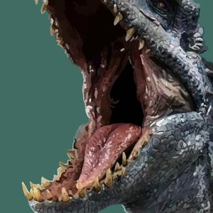 Peut inclure: Gros plan sur un dinosaure gris de grande taille avec la gueule grande ouverte, montrant des dents acérées et une langue rose. La peau du dinosaure est texturée et écailleuse.