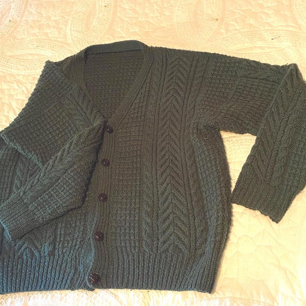 Handmade Vintage Forest Green Cable Knit Cardigan Size L / XL