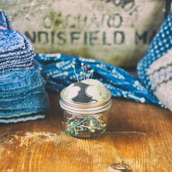 Pincushion Jar - with 100 extra long 'quilters' pins.  Crispina ffrench, tools of the trade, Handmade Pincushion, Travel Pincushion